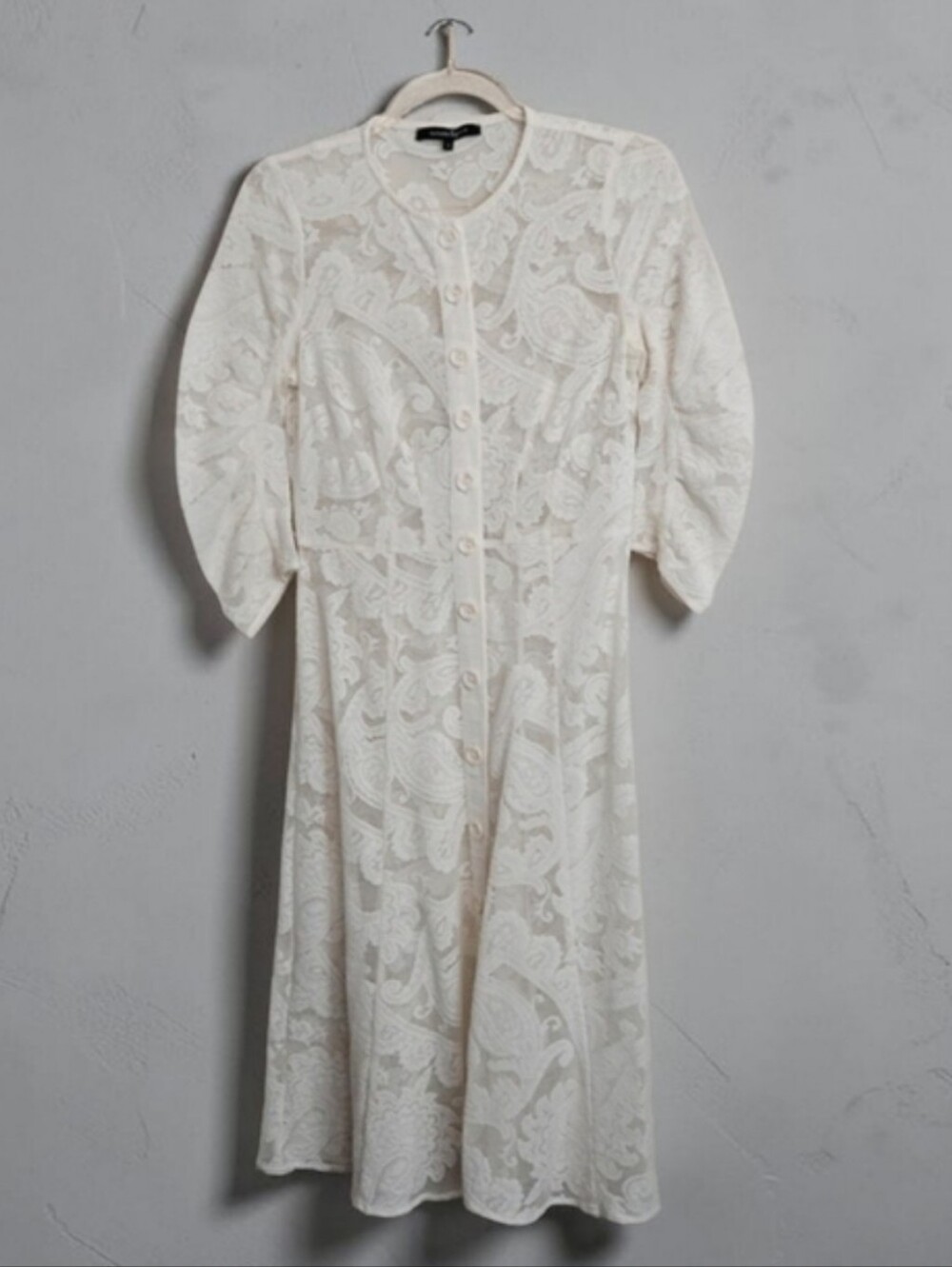 Nanette Lepore Cream Ivory Paisley Lace Midi Dress  Size 0 Puff Sleeves Button